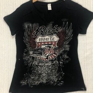 Made In USA Route 66 Graphic‎ Tee Rhinestone Ride Black T-Shirt Women's Size XL